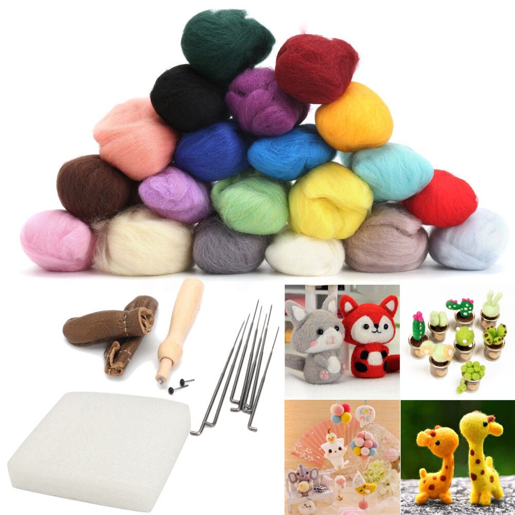 1 Set 20 Colors Wool Felt + Needles Tools Needle Felting Mat Starter Tool Kit BDF99