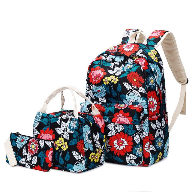 Waterdichte Bloem Afdrukken Schooltas Voor Tieners Meisjes Nylon Tas Set Vrouwen Rugzak Lunchbox Student Boek Tassen: Black