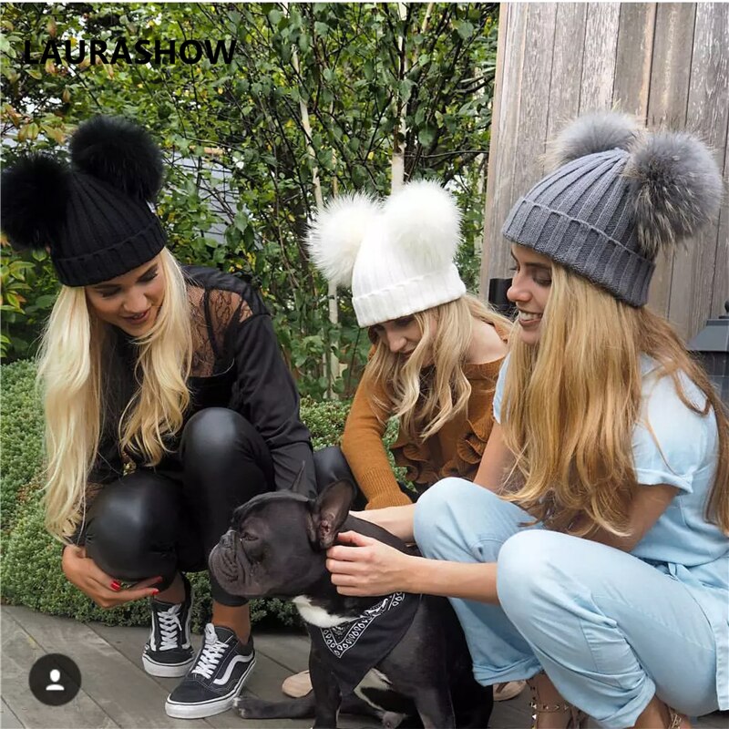 Gorro de dos pompones peludos de invierno para niños, gorro bonito tejido para niñas y niños, gorro cálido de punto para Gorros de bebé, gorro cálido para niños