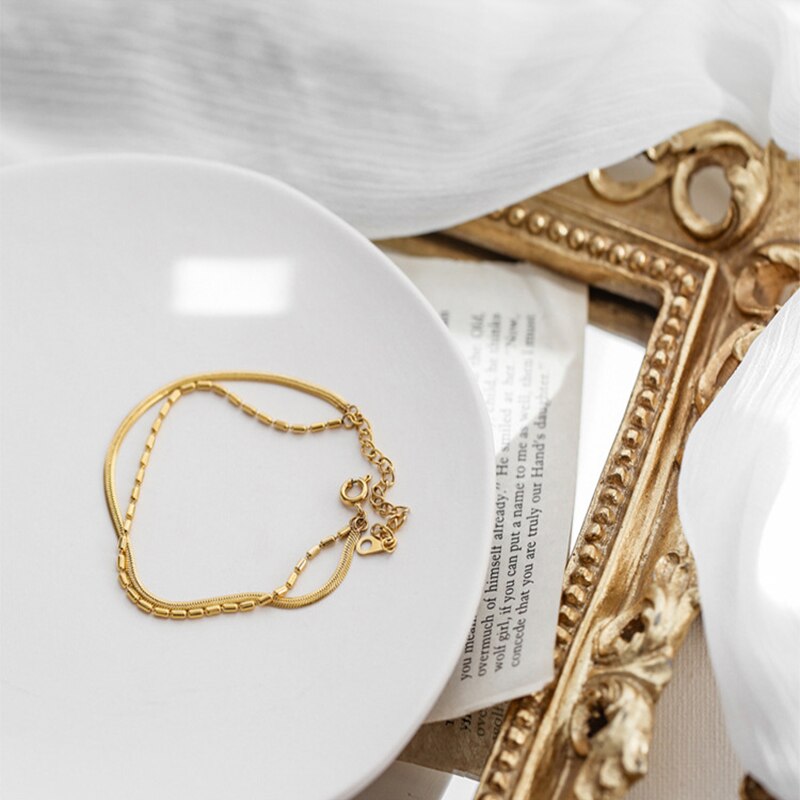 Xiyanike 316L Rvs 2 Layer Goud Kleur Snake Bone Armband Bedels Eenvoudige Armband Voor Vrouwen Mode-sieraden