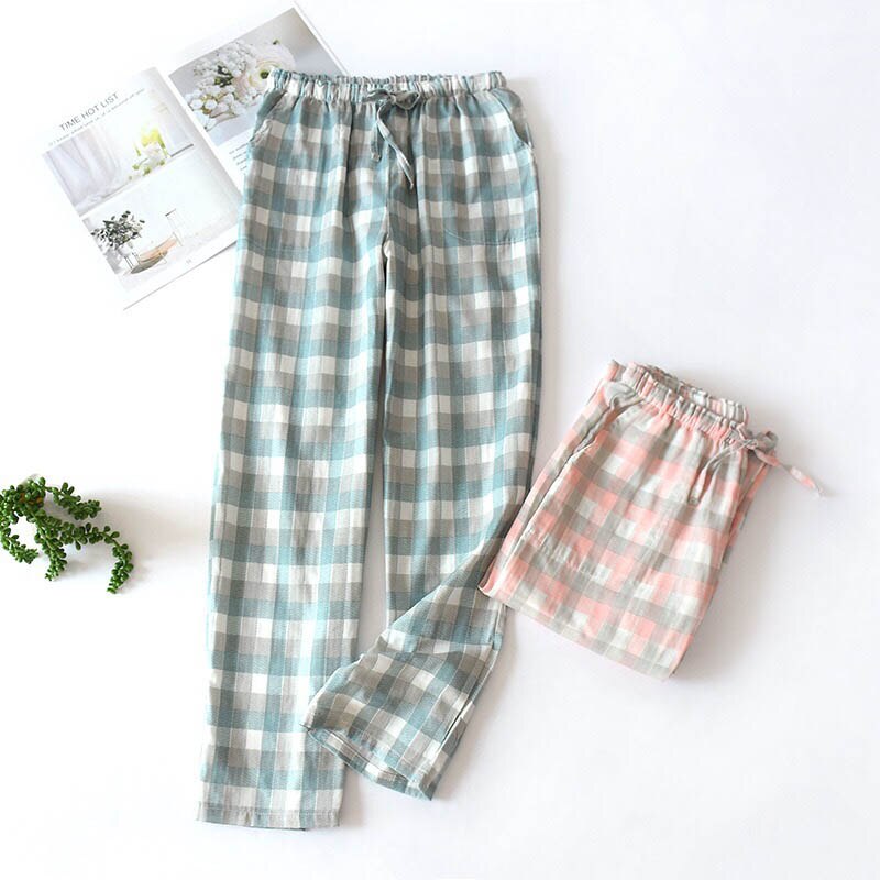 Comfort Gauze Cotton Lovers Plaid Sleep Bottom Thin Loose Men And Women Full Length Pants Spring And Autumn Soft Homewar Bottom