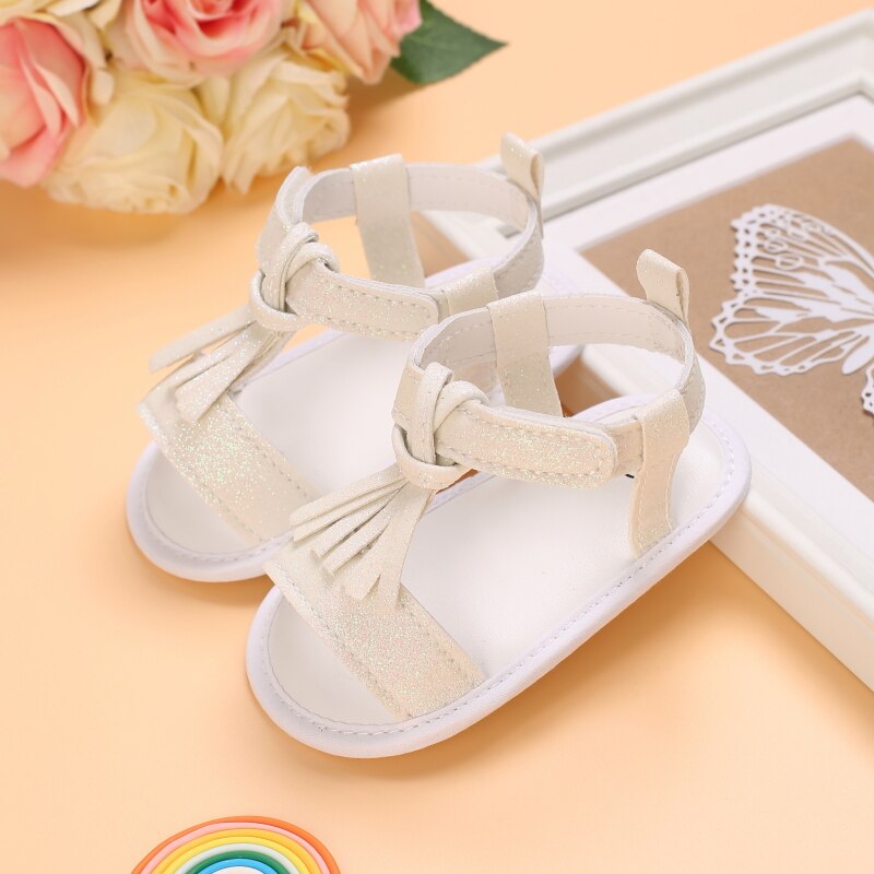 Baby Girl Sandal Neonatal Summer Sandal Leather Tassel With Bow Baby Toddler Sandal Cloth Sole Prewalker: C / 13-18 Months