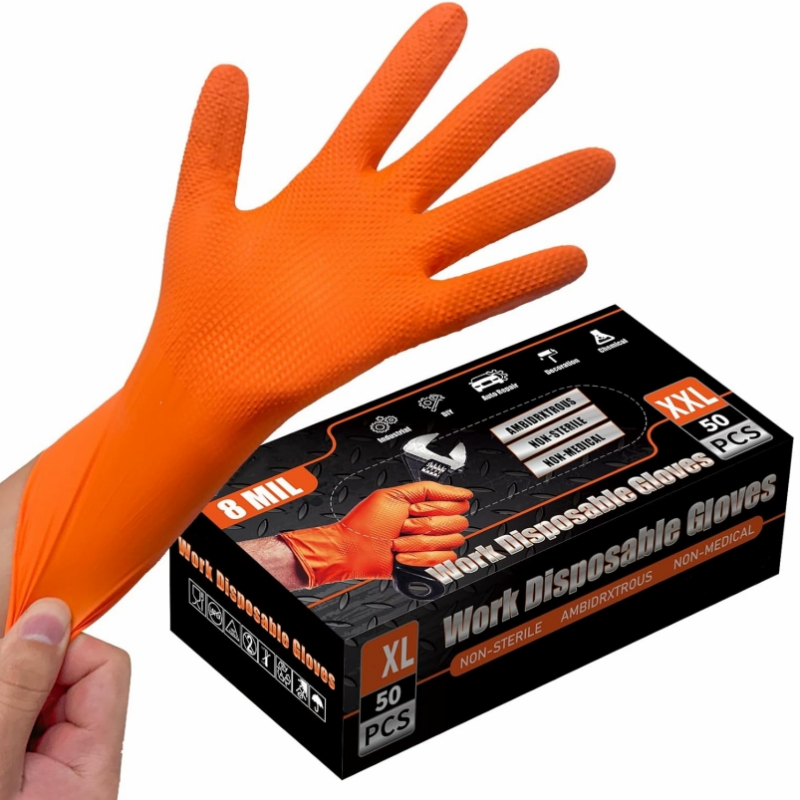 Orange Nitrile Gloves 8-mil Heavy Duty Disposable Gloves with Raised Diamond Latex Free Textured Gloves for Mechanic Industrial