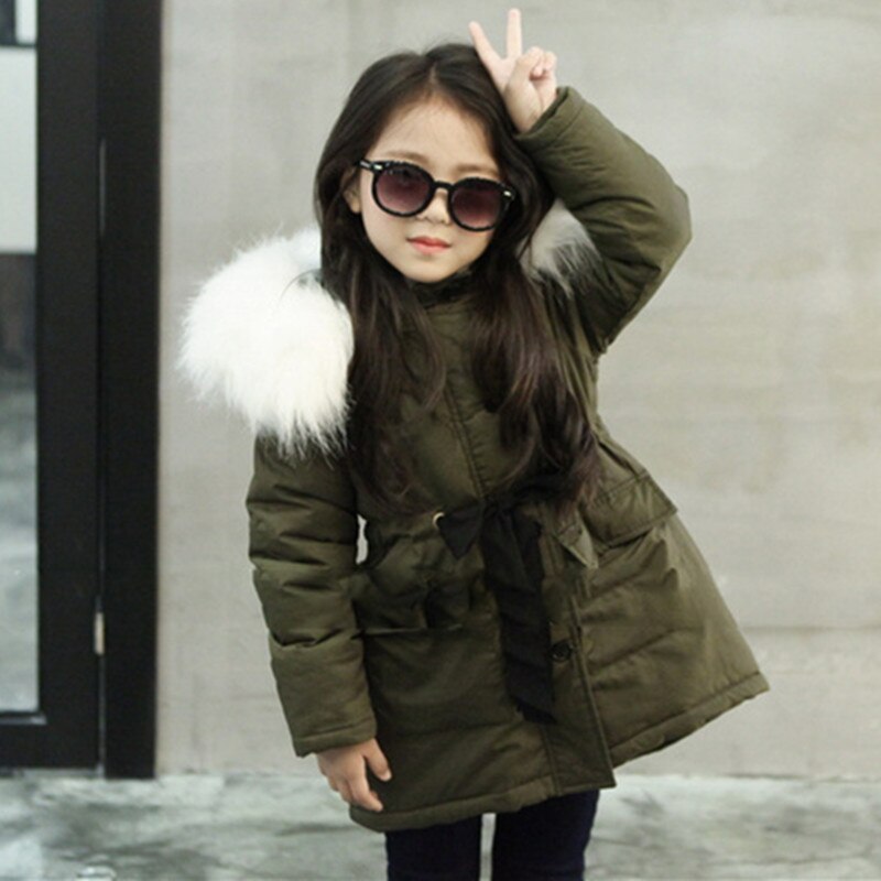 Girls Jackets Kids Faux Fur Collar Coat Korean Children Winter Sports Outwear 3-11 years old Army Green Thick Warm Coat