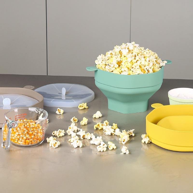 Cuenco de silicona para palomitas de maíz para microondas, cubo plegable para hacer palomitas de maíz con tapa, herramientas de cocina para palomitas de maíz plegables de gran capacidad