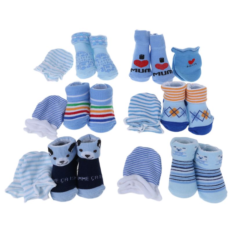 Set di calzini in cotone per bambini calzini per bambini appena nati + guanti antigraffio ragazzi ragazze regalo per bambini calzini per bambini guanti prevenire graffi viso: Blu