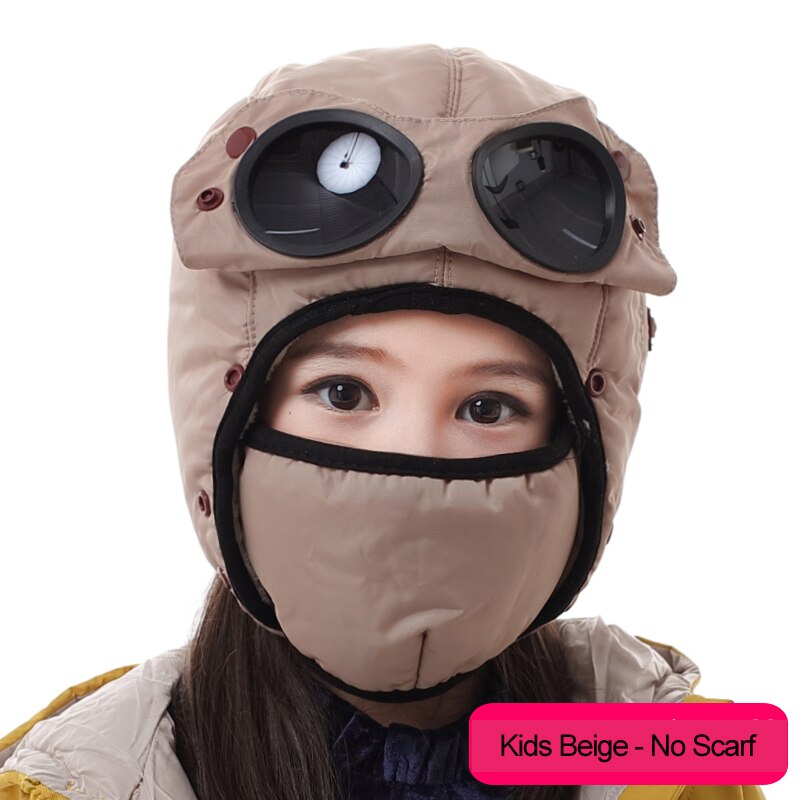 Warm Winter Wind Stopper Face Hats Outdoor Ski Masks Bike Cyling Beanies waterproof hood hat with glasses cool balaclava: Kids Beige