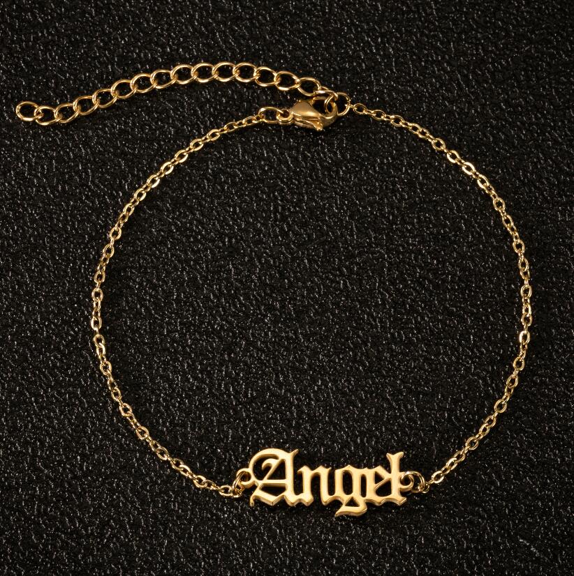 Vintage engelska bokstav ängel fotlänkar guld rostfritt stål kedja babygirl fotled armband för kvinnor fot smycken sommar strand: 14g