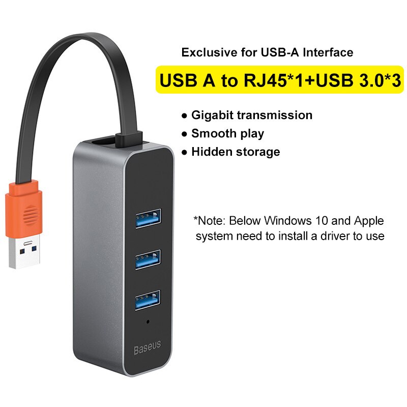 Adattatore Ethernet USB Baseus - USB-C a RJ45 1000Mbps - per MacBook Pro, Mi Box, Switch: USB a 3USB 1RJ45
