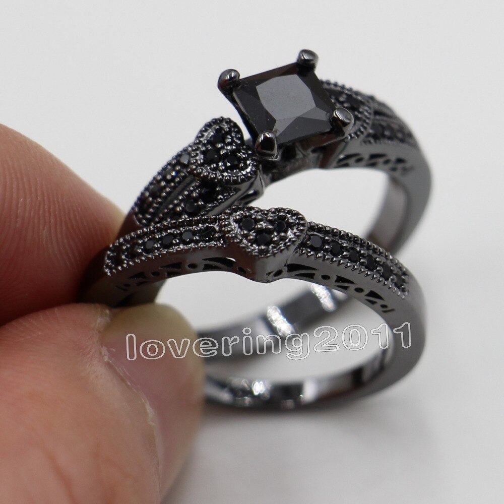 Victoria Wieck princesse coupe noir AAA CZ simulé pierres 10KT or noir rempli mariée fiançailles ensemble d'anneaux de mariage Sz 5-11