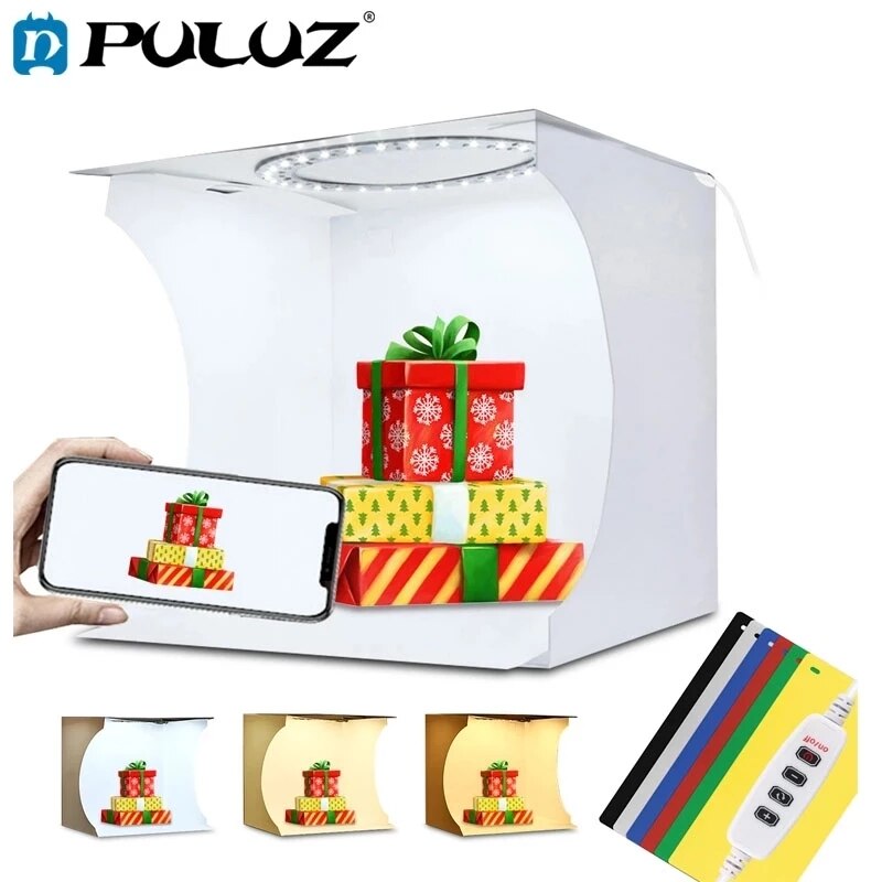 Puluz Photo Studio Box Mini Ring LED Lightbox Photography Lighting Studio Shooting Tent Box Kit &amp; 6 Color Photographic Backdrops