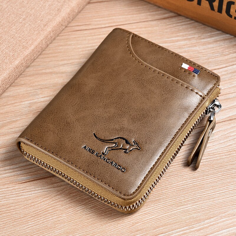 Men’s RFID Blocking Wallet Large Capacity Credit Card Holder Case Anti-Theft Vintage Business Leather Wallets Zipper Coin Purse: Khaki