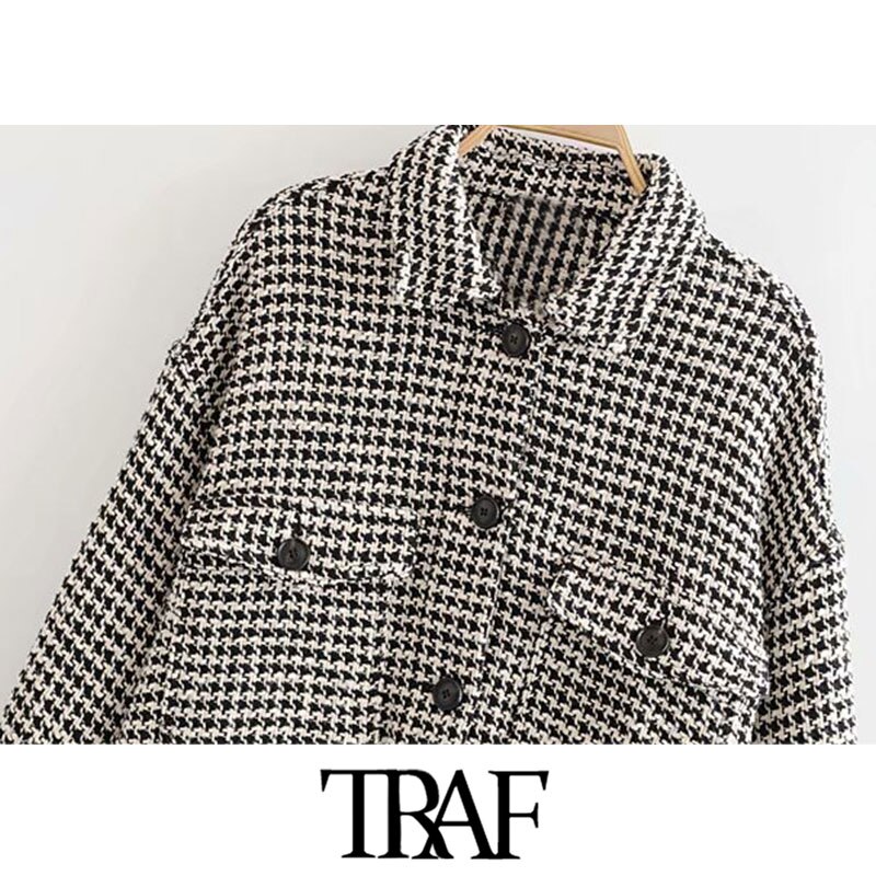 Traf Vrouwen Vintage Stijlvolle Gerafeld Kwastje Oversized Tweed Plaid Jas Mode Lange Mouwen Pockets Bovenkleding Chic Tops