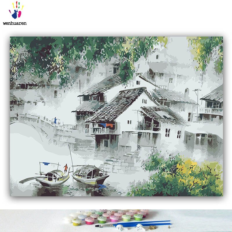 Bricolage colorations photos par numéros avec des couleurs Jiangnan eau ville style chinois image dessin peinture par numéros encadré maison: 3258 / 50x60 no frame