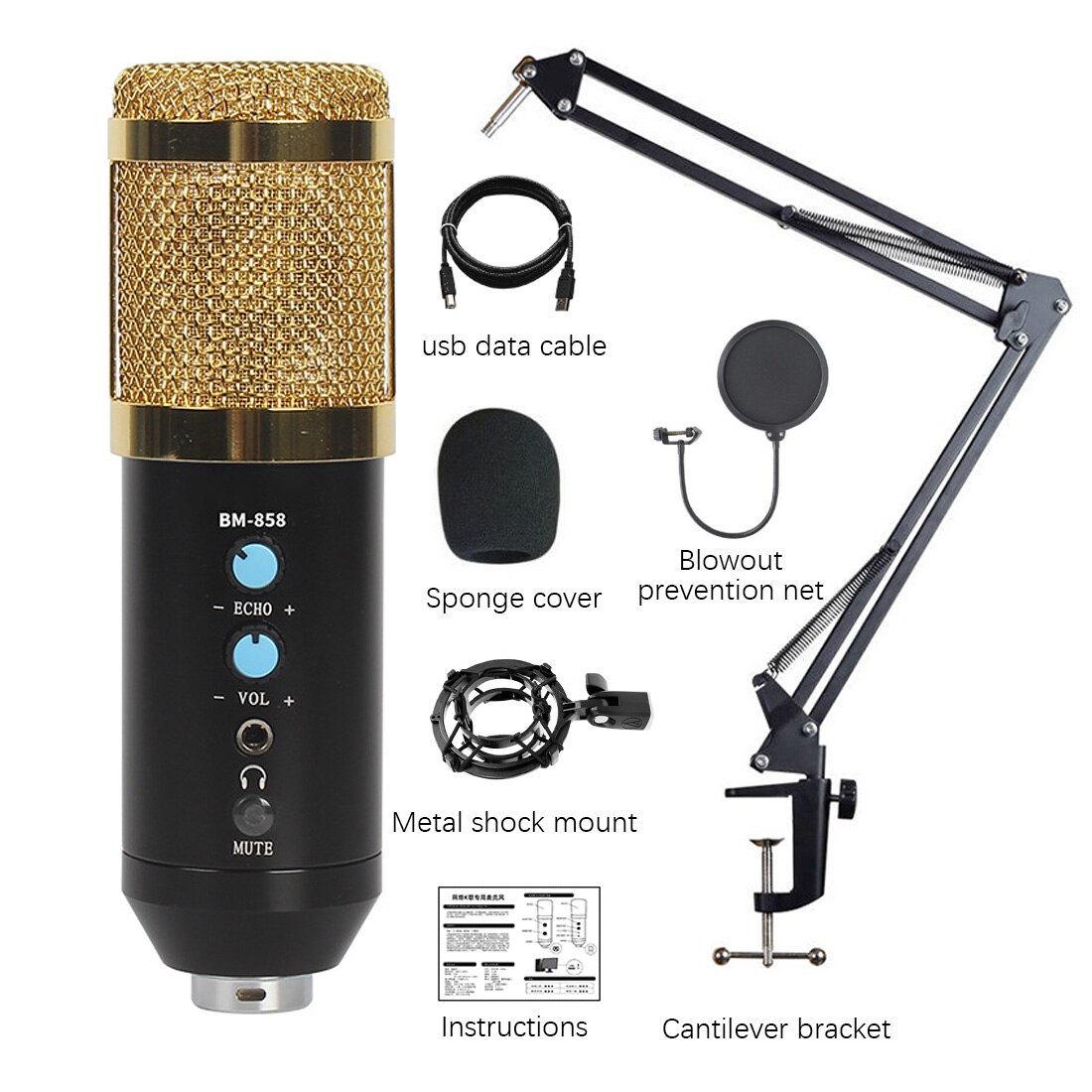 Microphone Condenser Sound Recording 3.5Mm Wired BM 800 Microphone Kits With Shock Mount For computer Studio Record: White