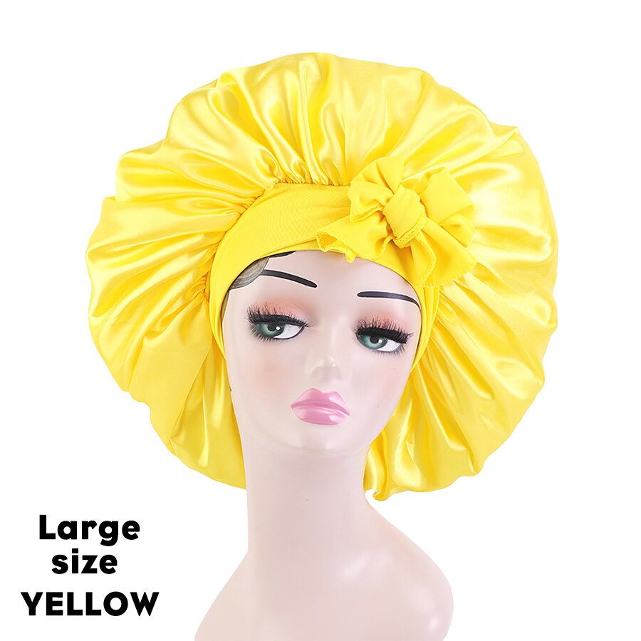 Satin Bonnet Silk Bonnet With Elastic Tie Band Large Adjustable Straps Hair Bonnet Jumbo Size For Sleeping Curly Braid Hair: L YELLOW