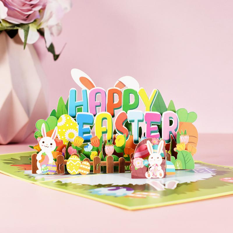 3D Happy Easter Greeting Card Personality Bunny Egg Flowers Basket 3D Three-dimensional Easter Blessing Cards For Kids Card
