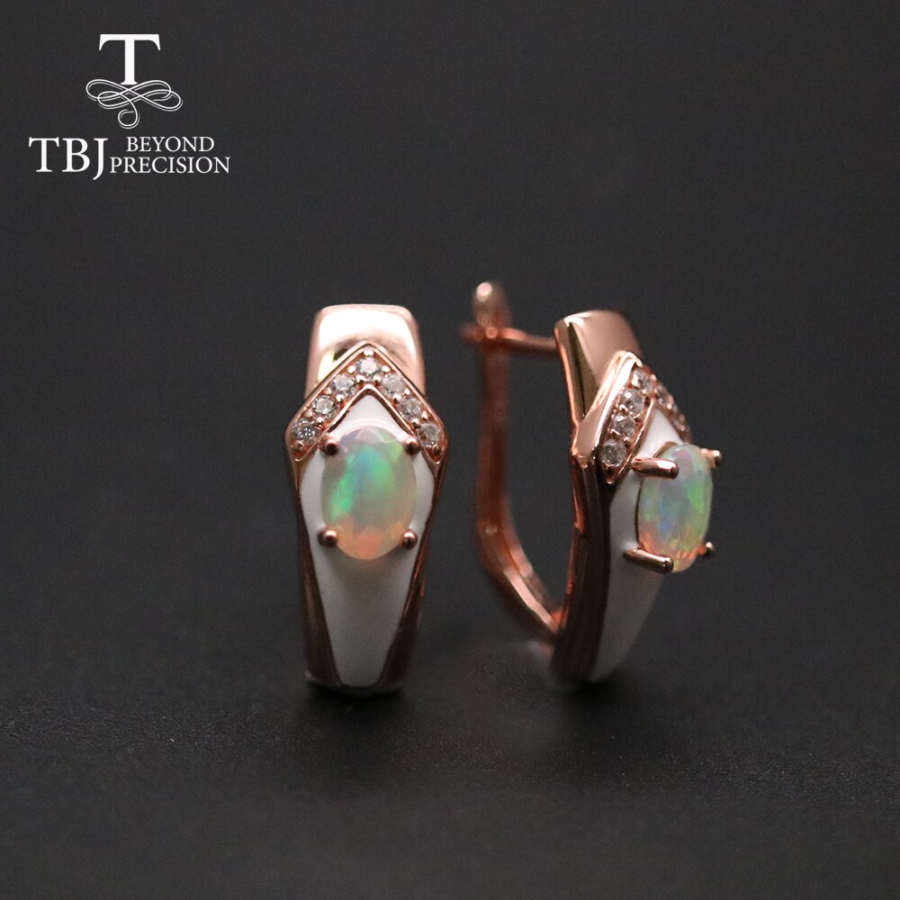 Tbj enamal Opal Earring natural colorful ethiopia gemstone oval cut 5*7mm fine jewelry 925 sterling silver for women