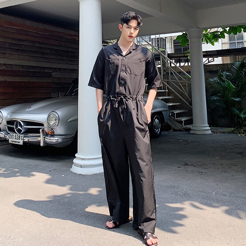 Traje holgado de para hombre, mono delgado de cintura alta, mono japonés de tendencia retro de manga corta, mono de pierna ancha de una pieza para verano
