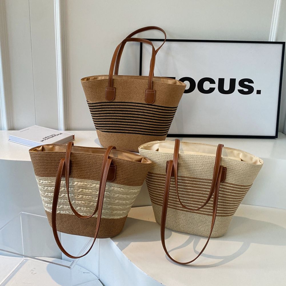 Dame tote taske med lynlås stribe vævet ferietaske stor kapacitet håndlavet taske ensfarvet til shopping arbejde strandtaske