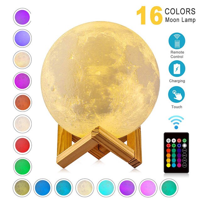 Genopladelig månelampe 16 farver berøring + fjernbetjening 3d lys berøringsafbryder 3d udskriv lampe månesoveværelse reol natlys