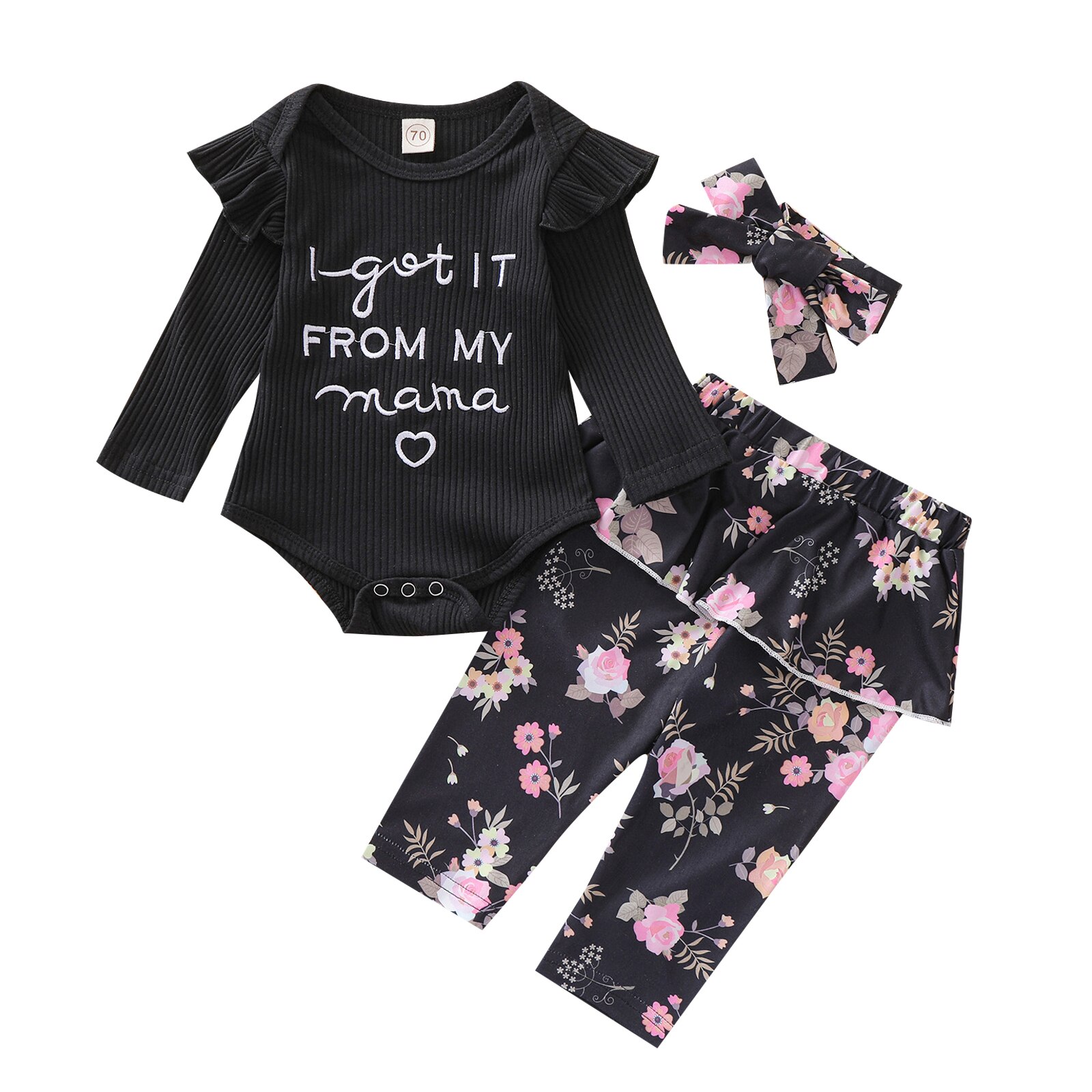 Baby Girl Top, Pants Suit, Round Neck Long Sleeve Shirt Ruffle Hem Skirt Flower Printed Loose Trousers, Headband: 2 / 6M