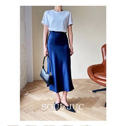 Silke satin nederdele til kvinder højtaljet nederdel kvinder a-linje nederdele sommer pink midi nederdel koreansk stil: S / Blå