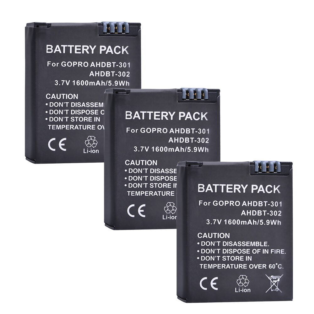 2 uds. De AHDBT-301 de 1600mAh para GoPro Hero 3, batería para cámara GoPro Hero3 Hero 3 +, edición plata HD, color blanco y negro: 3 battery