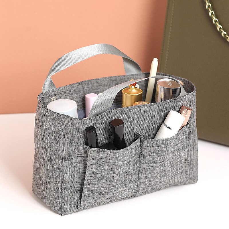 PURDORED 1 Pc Women Large Capacity Cosmetic Bag Handbag Inner Bag Multi-pockets Storage Makeup Bag Organizer Luggage Bags: gray