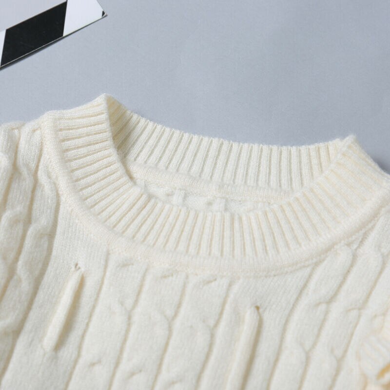 Girl's Solid Color Sweater Dress With Puff Long Sleeves, Cable Knit Pullover Casual Fall Dress For 6 12 Years