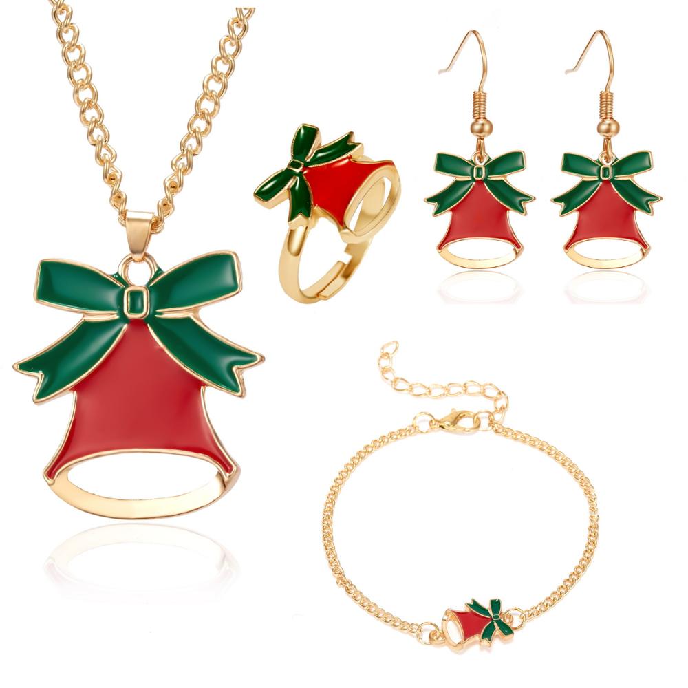 4 pçs/set novo natal encantos pingentes conjunto de jóias árvore natal cervos sinos papai noel brincos colar pulseira anel presente: JS17Y060M4