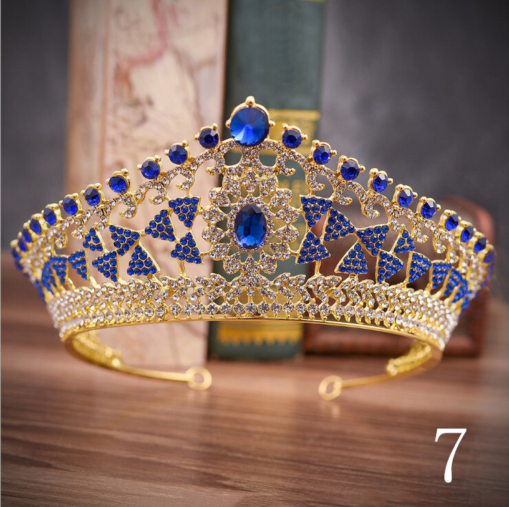 Baroque Luxury Handmade Rhinestone Bridal blue Crystal Big Crown Tiaras Diadem for Bride Headbands Wedding Hair Accessories: 7