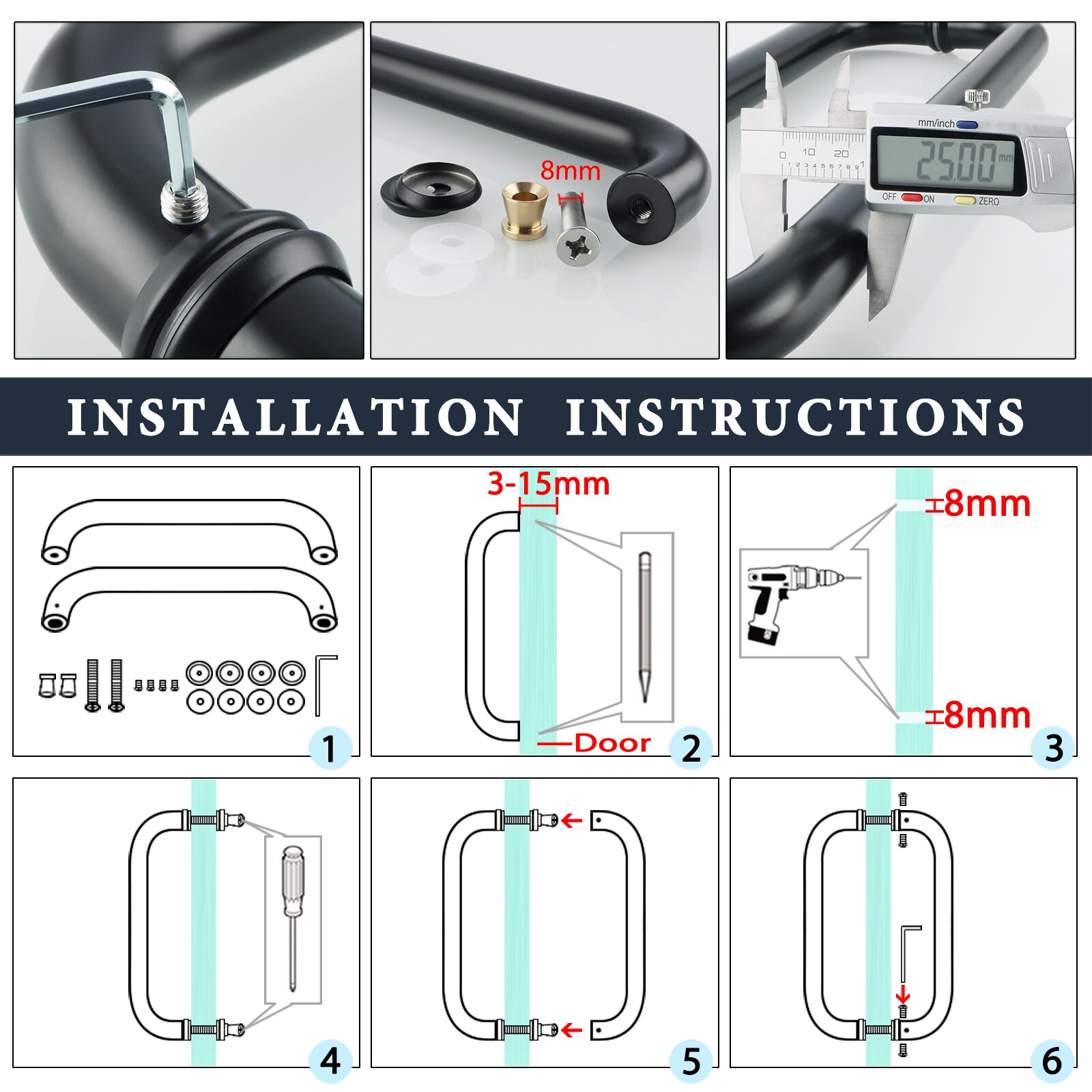 10/14/18 Inch Square Tubular Glass Door Handle Black 304 Stainless Steel Sliding Barn Door Handle for3-20mm glass wood door