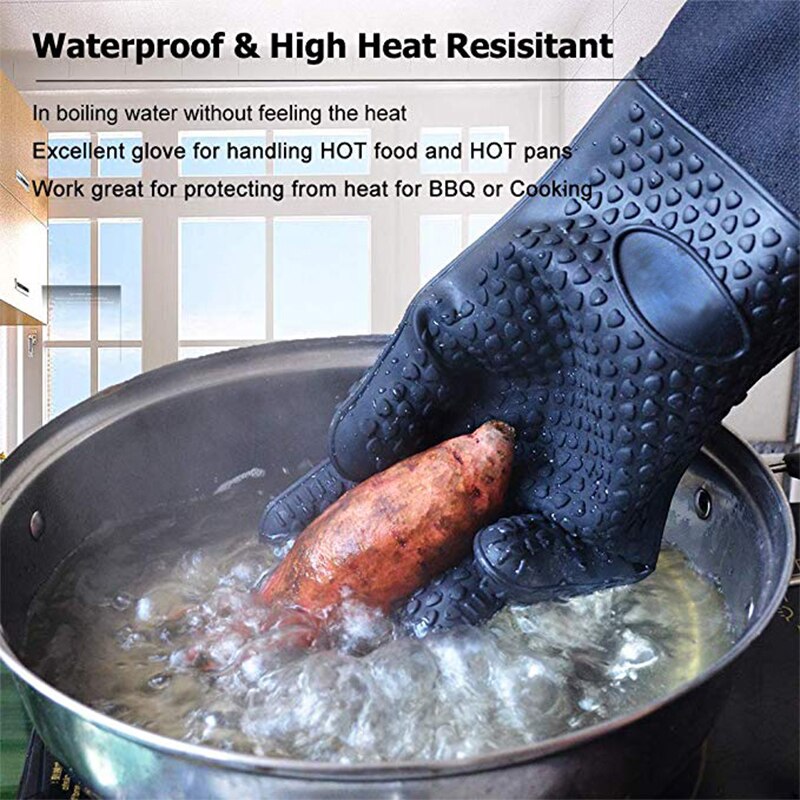 WALFOS long silicone kitchen glove-BBQ grill glove heat resistant cooking glove for grilling microwave oven mitts glove
