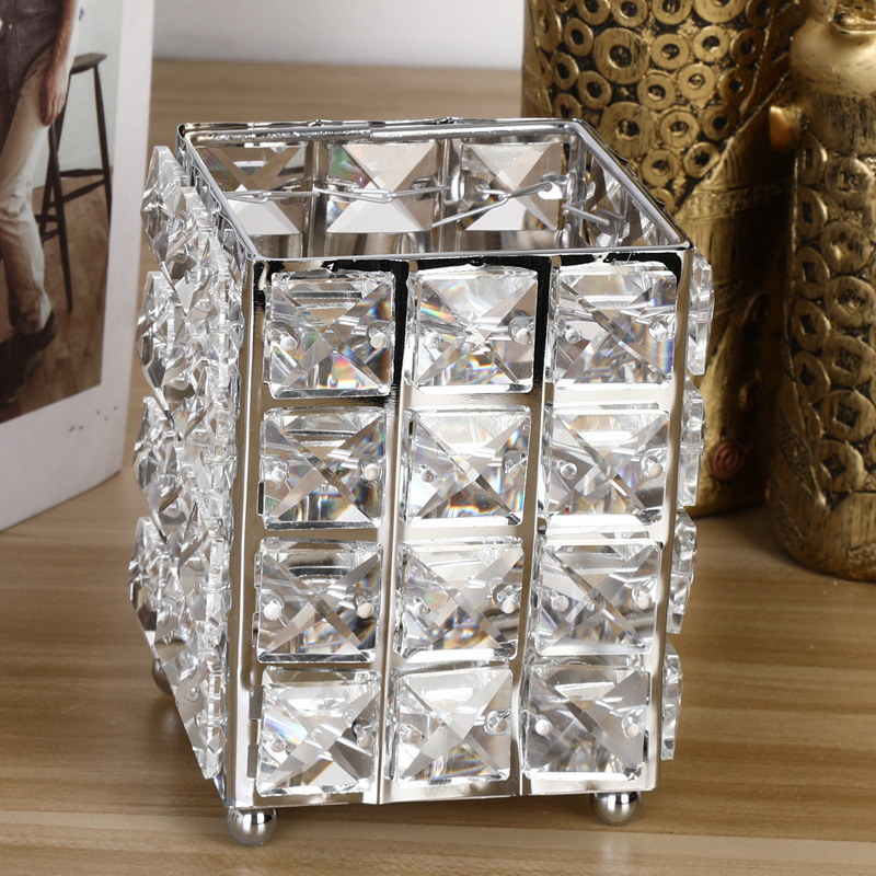 Cubo de cristal para brochas de maquillaje, bote de almacenamiento de cosméticos para el hogar, florero de lápiz, 120x100mm, dorado y plateado
