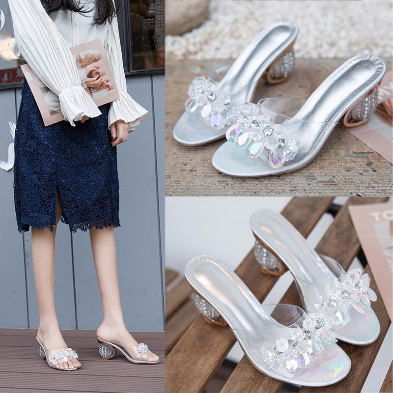 Zapatillas con cristales de verano para mujer, sandalias transparentes plateadas, elegantes, con tacón alto y diamantes de imitación,