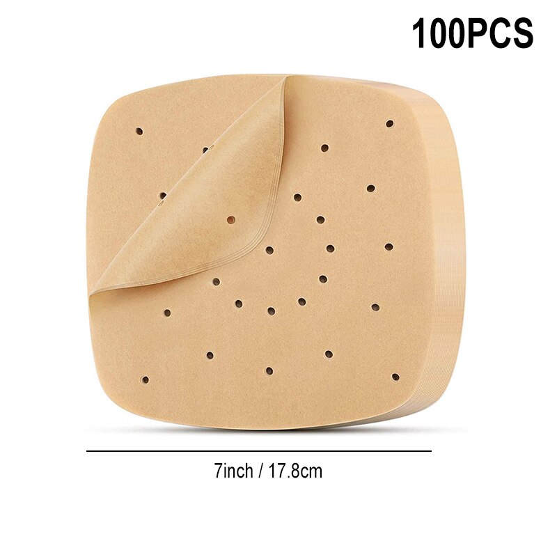 100 stk airfryer liners 6.5/7/7.5/8.5/9 tommer firkantet rund airfryer papir engangs bagepapir køkken non-stick dampmåtte: S 100 stk. -7 tommer