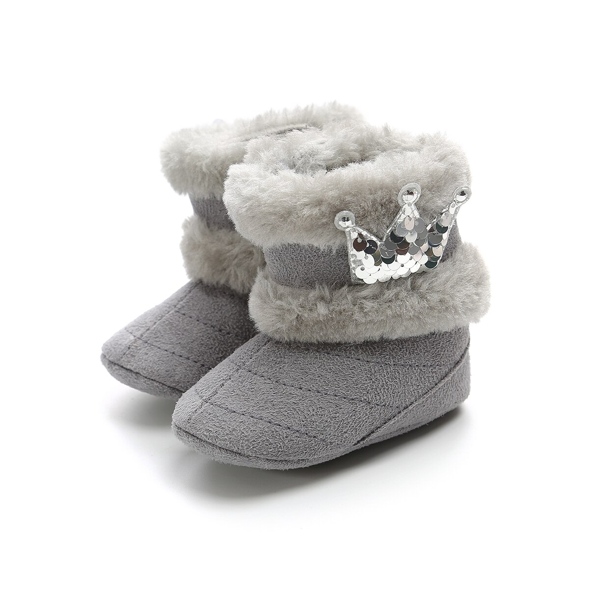 Fancy Princess Snow Boots Baby Girl Soft Plush Sequins Booties Winter Snow Boots Infant Toddler Newborn Warm Sequin Crown Shoes: Gray / 13