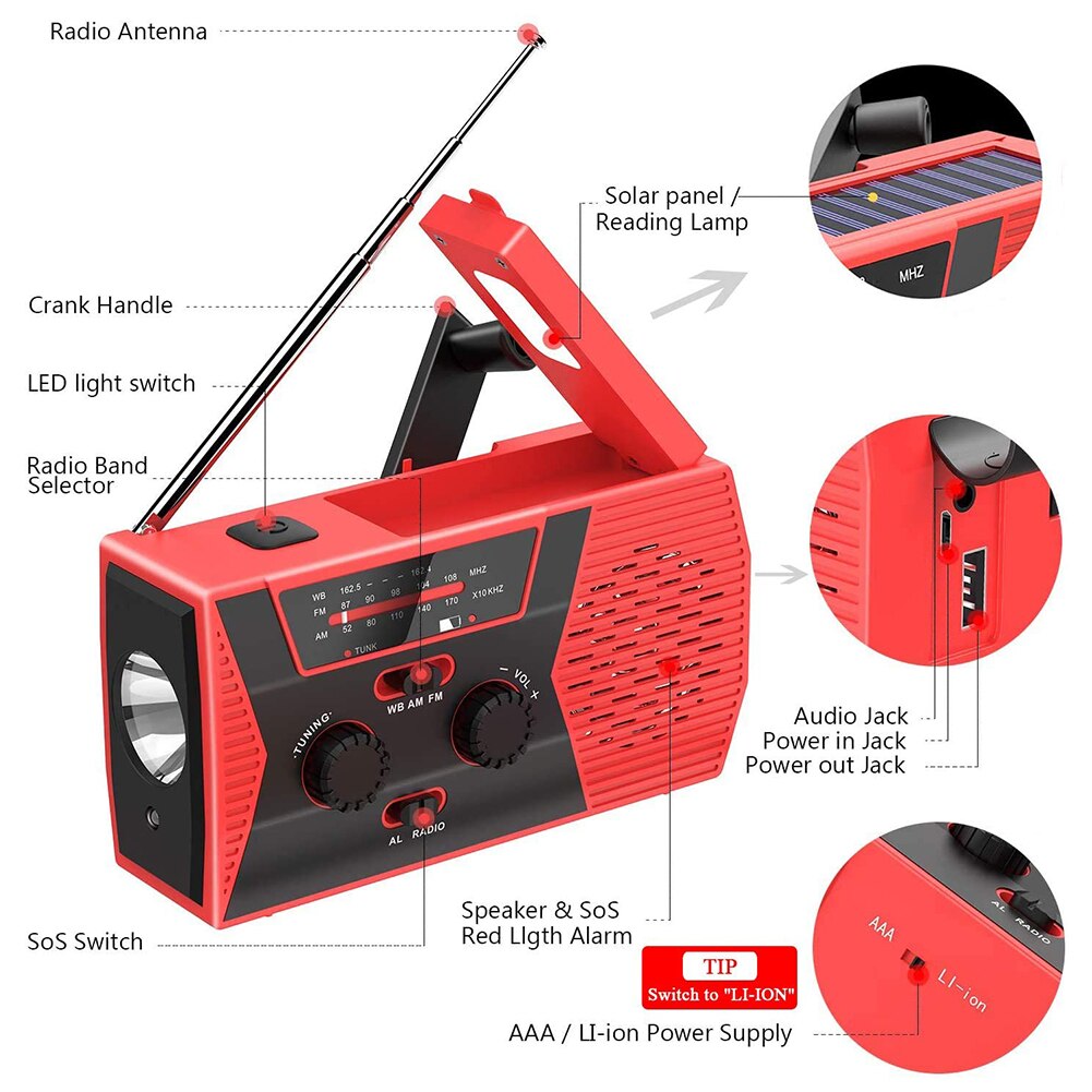 Emergency Solar Powered Hand Crank Phone Charger Dynamo Multi-purpose LED Flashlight AM/FM/WB Weather Radio 2000mAh Power Bank