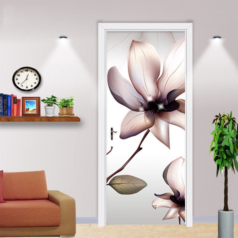 Pegatina de puerta de arte moderno, 3D papel tapiz de flores, calcomanías de pared de PVC autoadhesivas para decoración del hogar, sala de estar y dormitorio