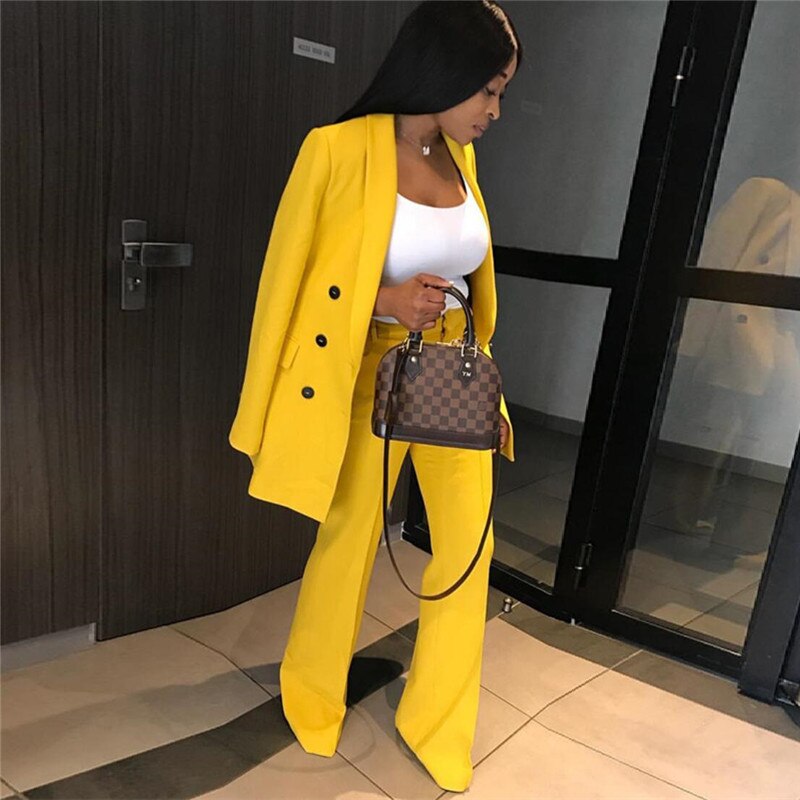 Women's suit jacket spring and summer lapel long sleeve double-breasted suit jacket yellow jacket