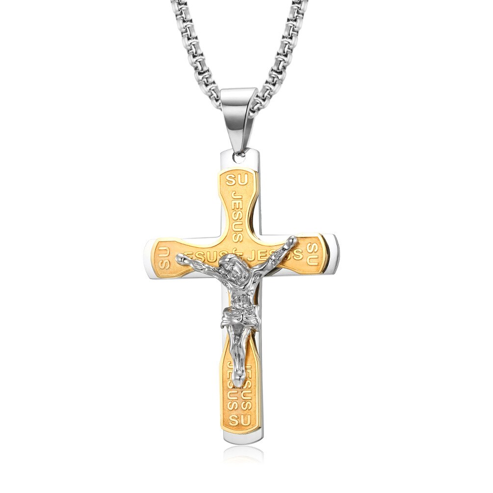 Christian passion bibel jesus halskæder kryds vedhæng rustfrit stål kæde link religiøse mænd far dreng smykker: Guld -2
