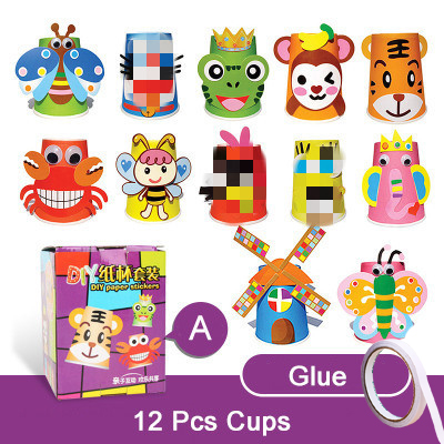 12pcs/set Kids Animals DIY handmade paper cups sticker material kit Children kindergarten school art craft Educational toys ZXH: DW With box SMJ