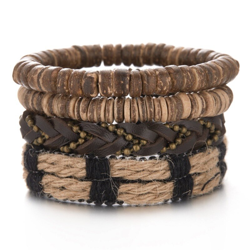 4 pezzi combinazione bracciale da uomo Set corda marrone perline di legno di cocco bracciali in pelle intrecciata per uomo regalo gioielli Pulsera Hombre: BR22Y0035