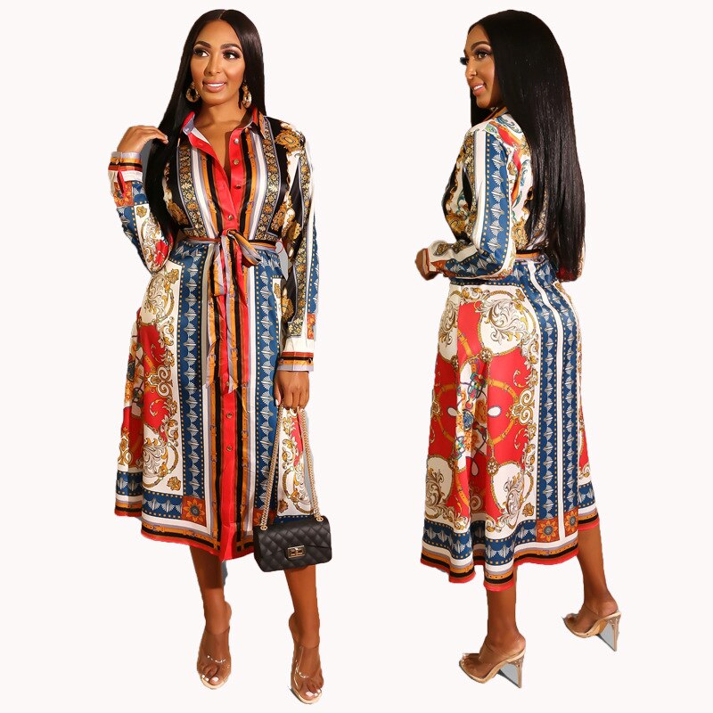Vestidos africanos para mujer, ropa africana, camisa de manga larga estampada, vestido con cinturón Dashiki Ankara de talla grande, vestidos de oficina para mujer