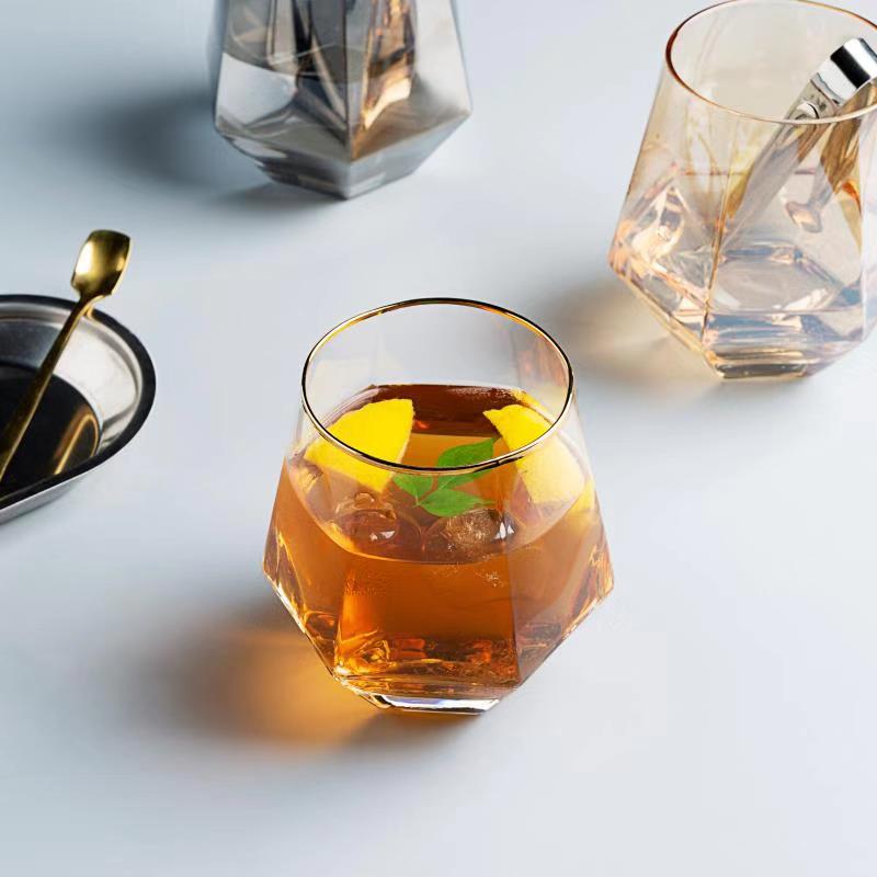 Geometrisk sekskantet glas phnom penh sølv kant husstand gennemsigtig drik kop te whisky