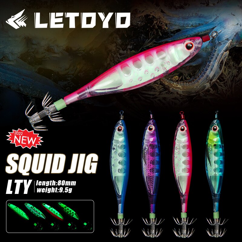 LETOYO 4PCS Floating Squid Jig Artificial Shrimp Fishing Lure Squid Hook Luminous Octopus Cuttlefish Bait Sea Squid Catching Rig
