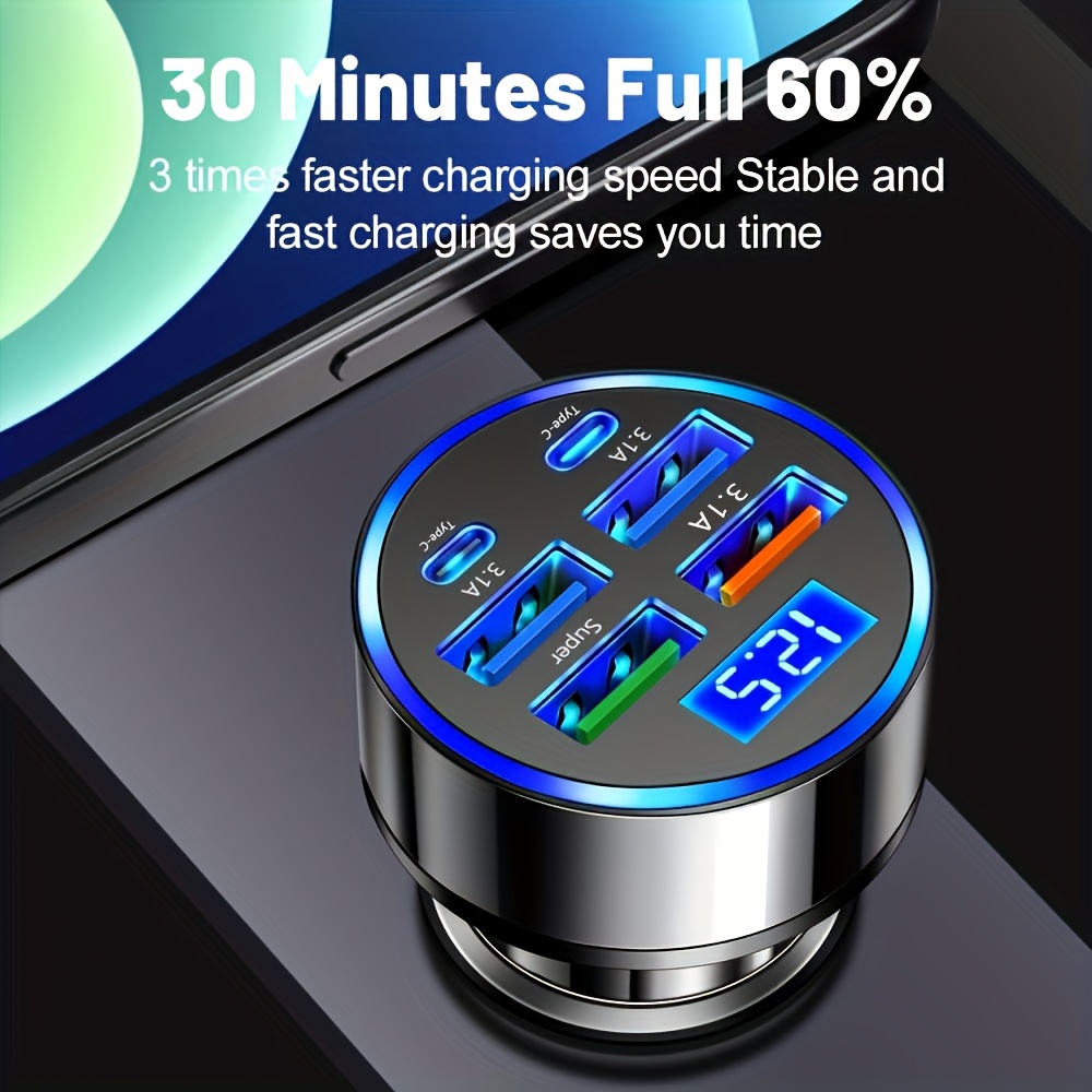 6-- in- -1 snelle usb-autolader met led-display, snellader voor meerdere apparaten, snellader met dubbele pd-aansluiting voor in de auto en usb-oplader