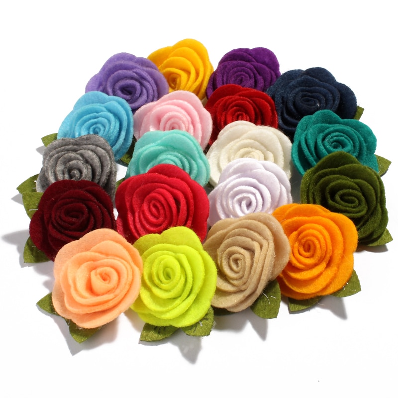 Flores de tela no tejidas de fieltro con hojas verdes para la cabeza, accesorios para el cabello, rosas enrolladas bonitas, 5CM, 10 Uds.