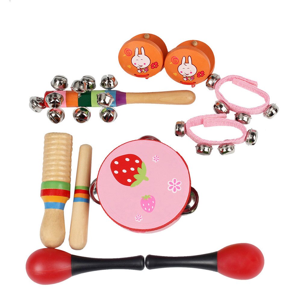Neue 10 teile/satz Musical Spielzeug Orff-instrumente Sets Band Rhythmus Kit Einschließlich Tamburin Maracas Kastagnetten Handbells für Kinder